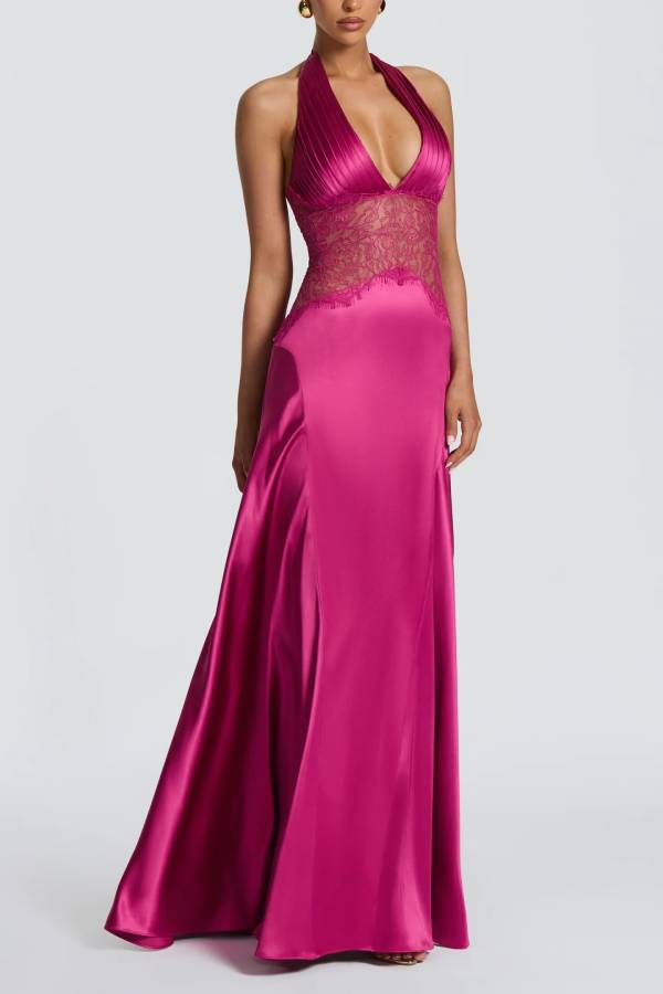 Virella Satin Lace Waist Pleated Halter Neck Straps Back Lace-up Maxi Dress