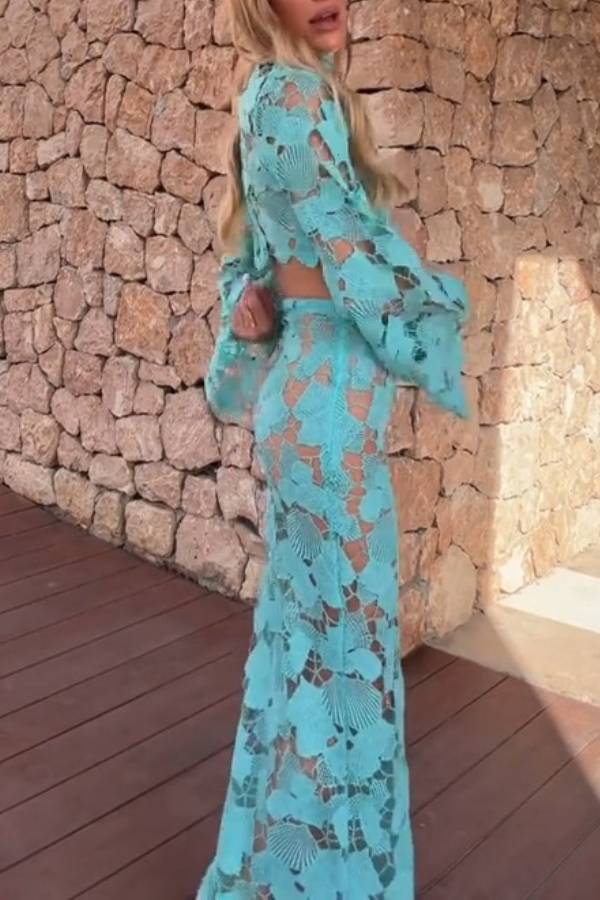 Turquoise Shell Lace Two Piece Beach Set