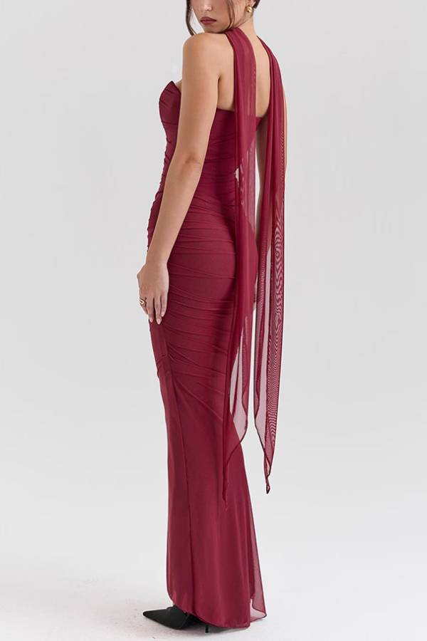 Halter Sash Strapless Ruched Mesh Mermaid Maxi Gown