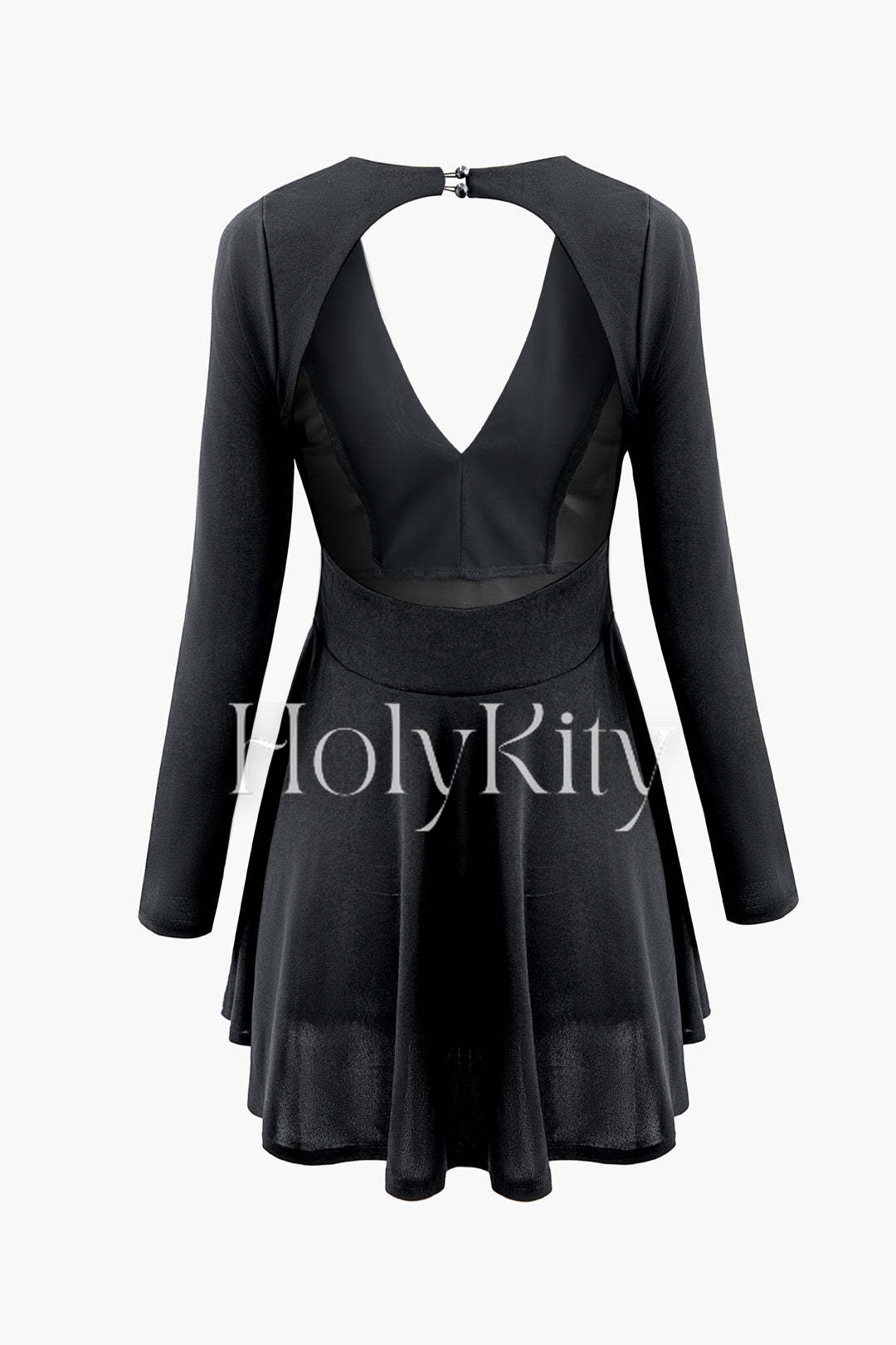 Solid V-neck Long Sleeve Backless Pleated Mini Dress