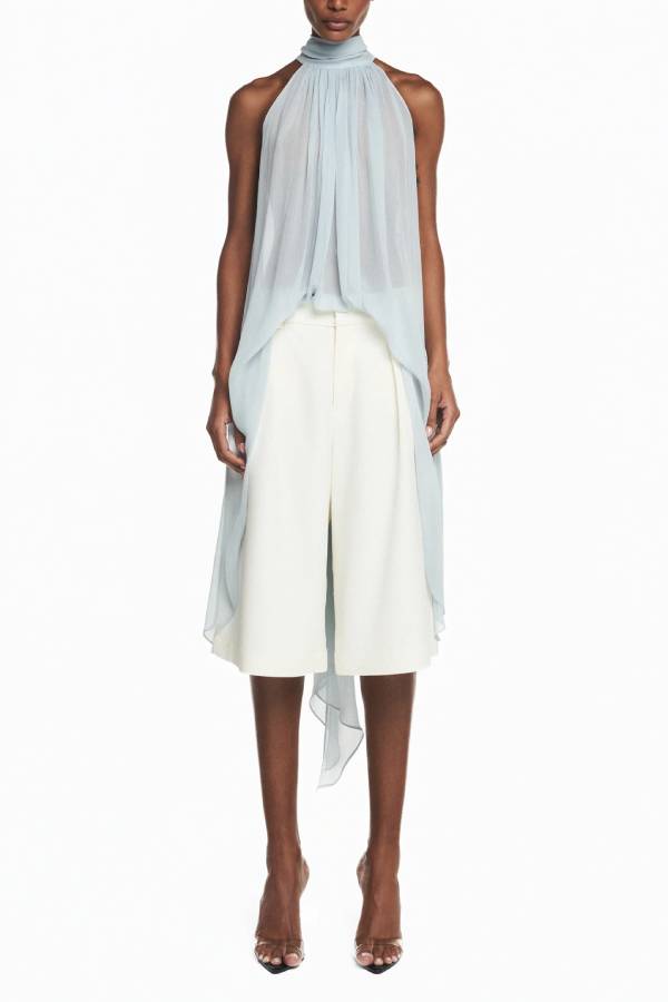 Light Blue Halter Chiffon Top & Lace Shorts Two‑Piece Set