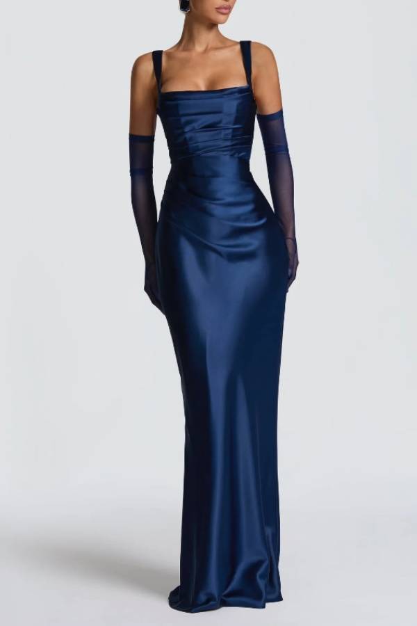 Satin Strap Mermaid Evening Gown with Lace‑Up Back