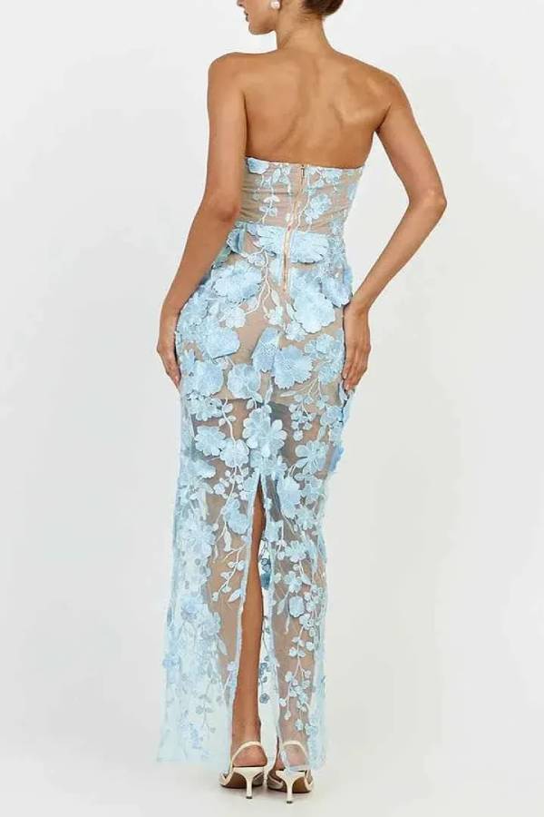 Sienna Floral Embroidered Fabric Off Shoulder Mermaid Silhouette Slit Maxi Dress