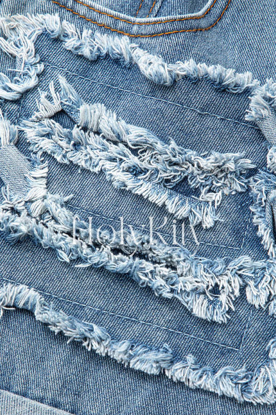 High Waist Frayed Patchy Straight Leg Jeans
