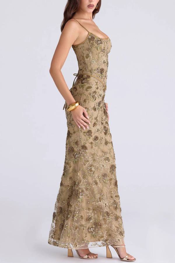 Heavy Beaded Embroidered Spaghetti Strap Mermaid Evening Gown