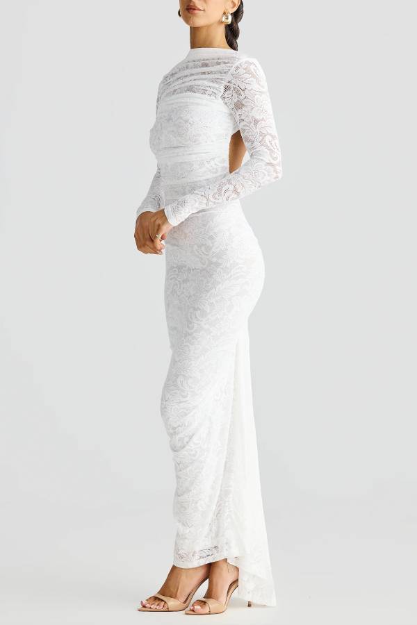 Lace pleated open back slim long dress