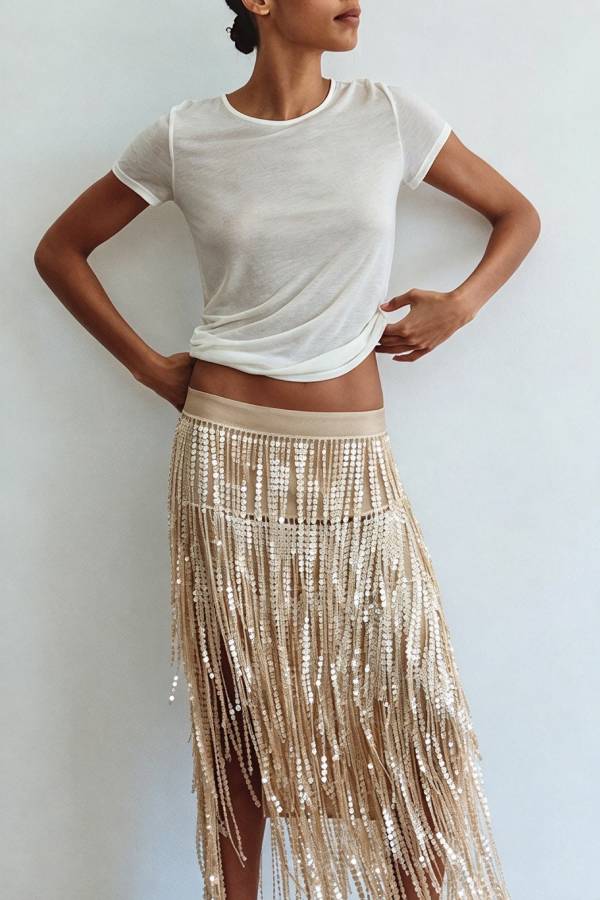 Champagne Party Layered Sequined Tassels Mid Rise Elastic Waist Midi Skirt