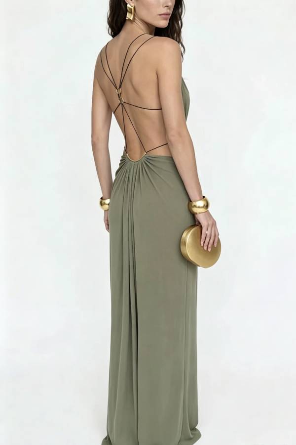 Athena Metal-Link Cutout Design Back Lace-up Drape Maxi Dress