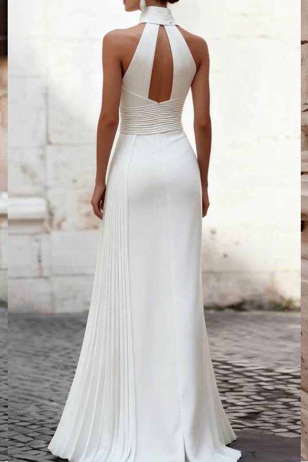 High Neck Halter Waist‑Cinched Pleated Long Evening Gown
