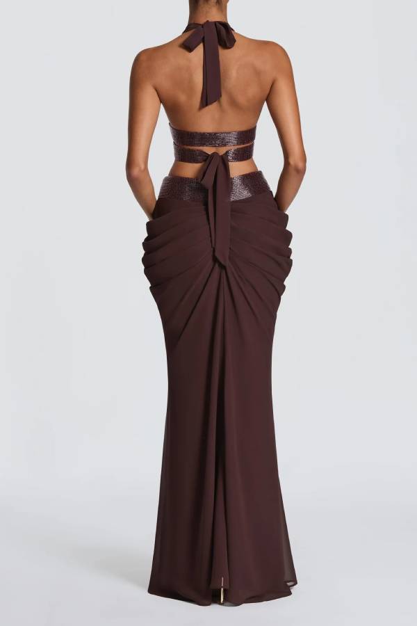 Sophie Chiffon Embellished Trim Crop Halter Tank and Dramatic Gathered Drape Maxi Skirt Set