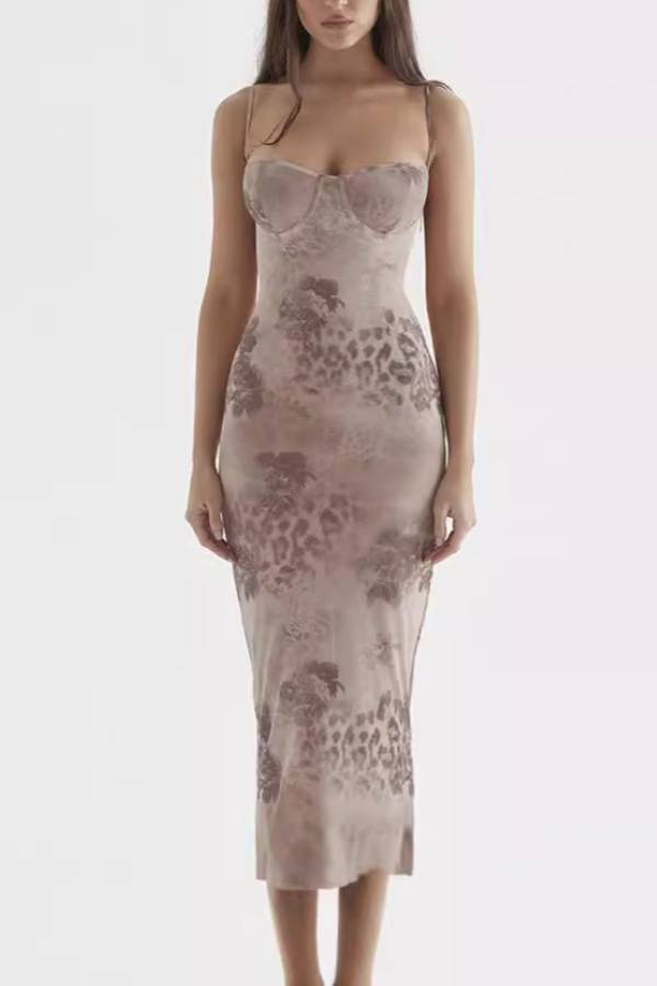 Cup Boning Mesh Print Bodycon Midi Dress