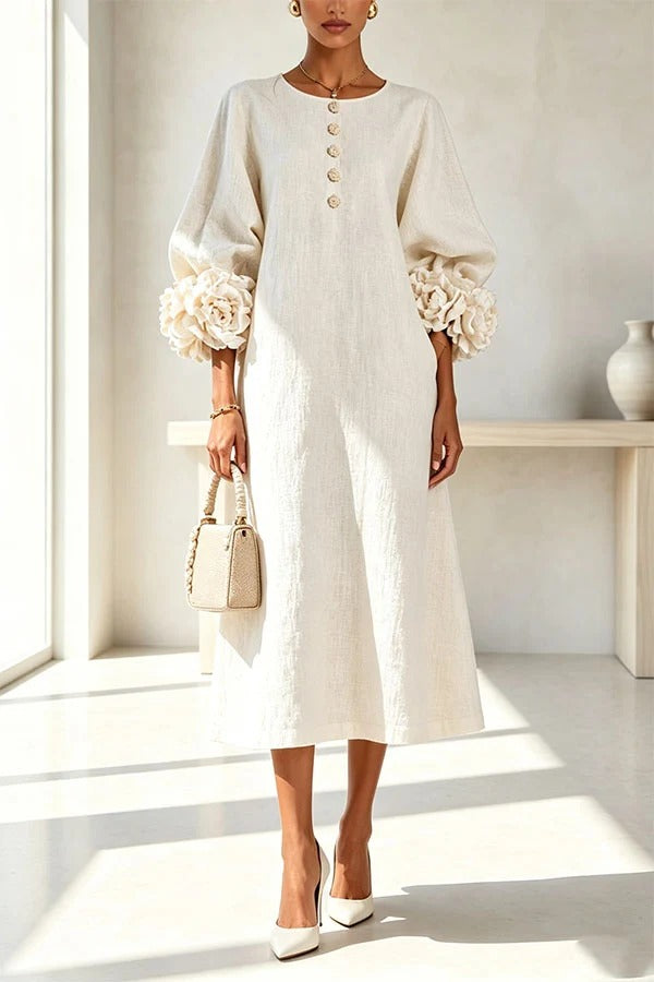 Rima Linen Blend Flowers Button Down Floral Cuffs Half Sleeve Pocket Midi Dress
