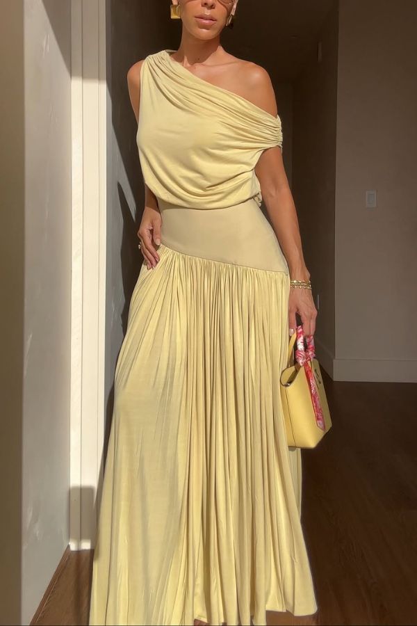 Gwen Soft Knit Fabric Off Shoulder Ruched Detail Drape Maxi Dress