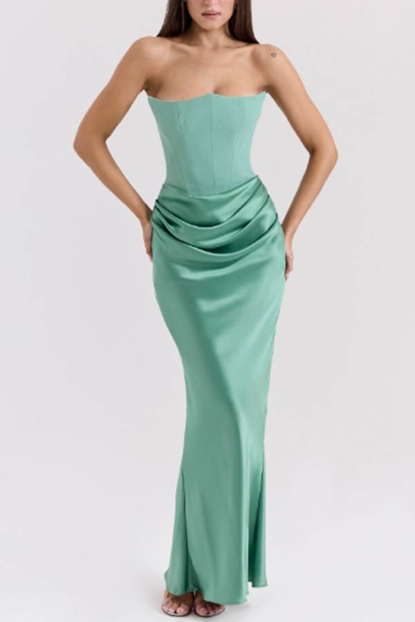 Elegant Strapless Patchwork Formal Party Fishtail Maxi Dresses-Black