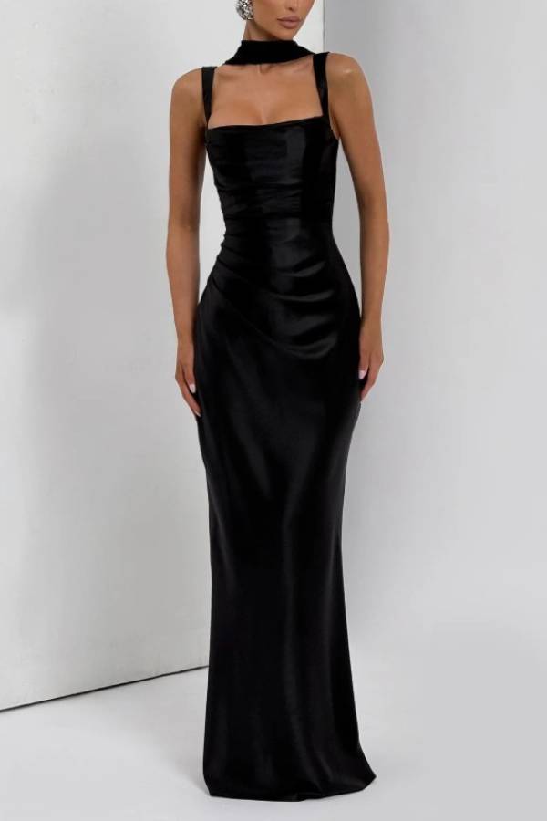 Satin Strap Mermaid Evening Gown with Lace‑Up Back
