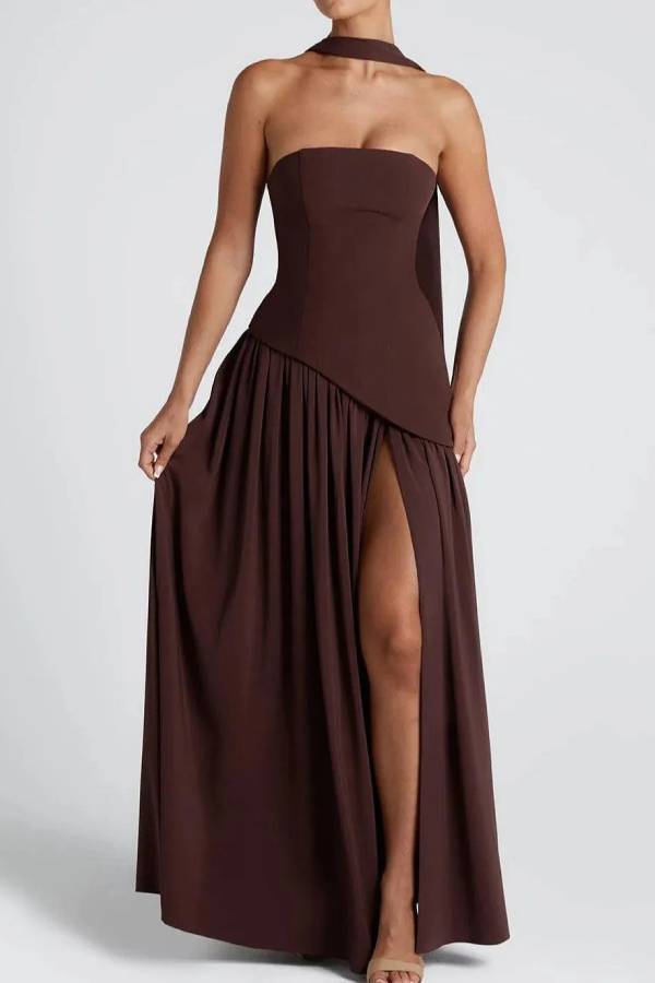 Strapless Slit Ribbon Maxi Dress