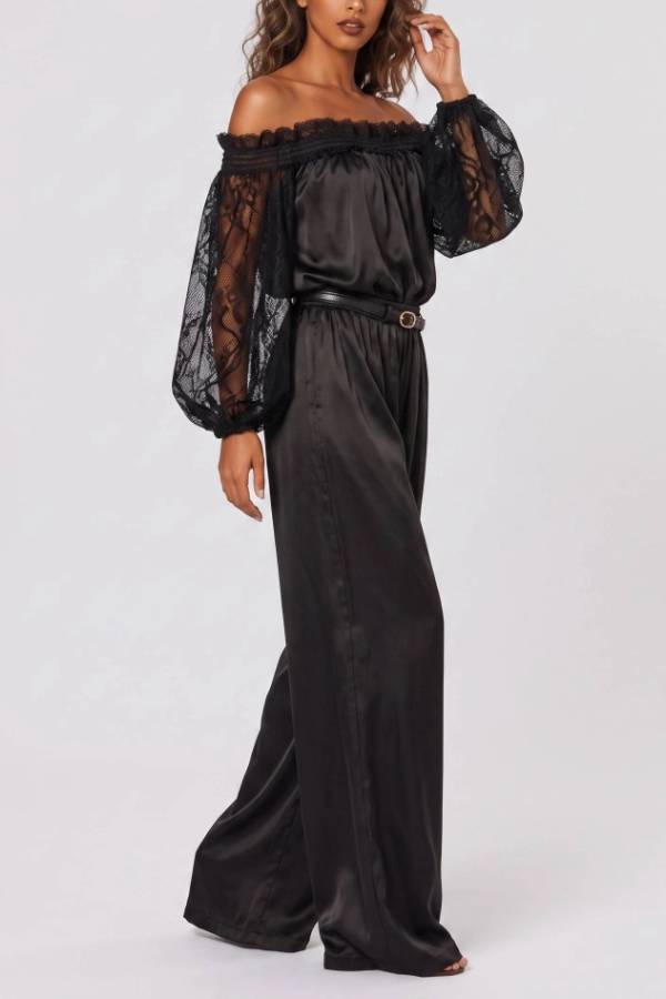 Elegant Satin Shoulder Lace Stitching Sleeve Top Wide Leg Pants Set