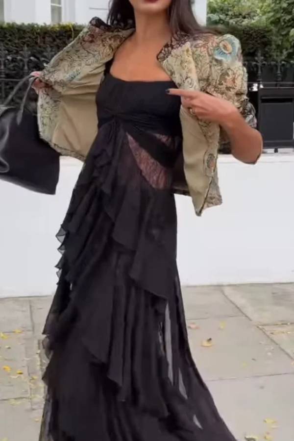 Vintage Brocade Cropped Jacket and Ruffle Maxi Dress Two Piece Set
