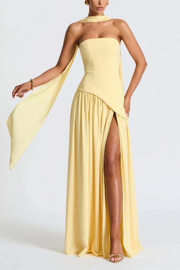 Strapless Slit Ribbon Maxi Dress