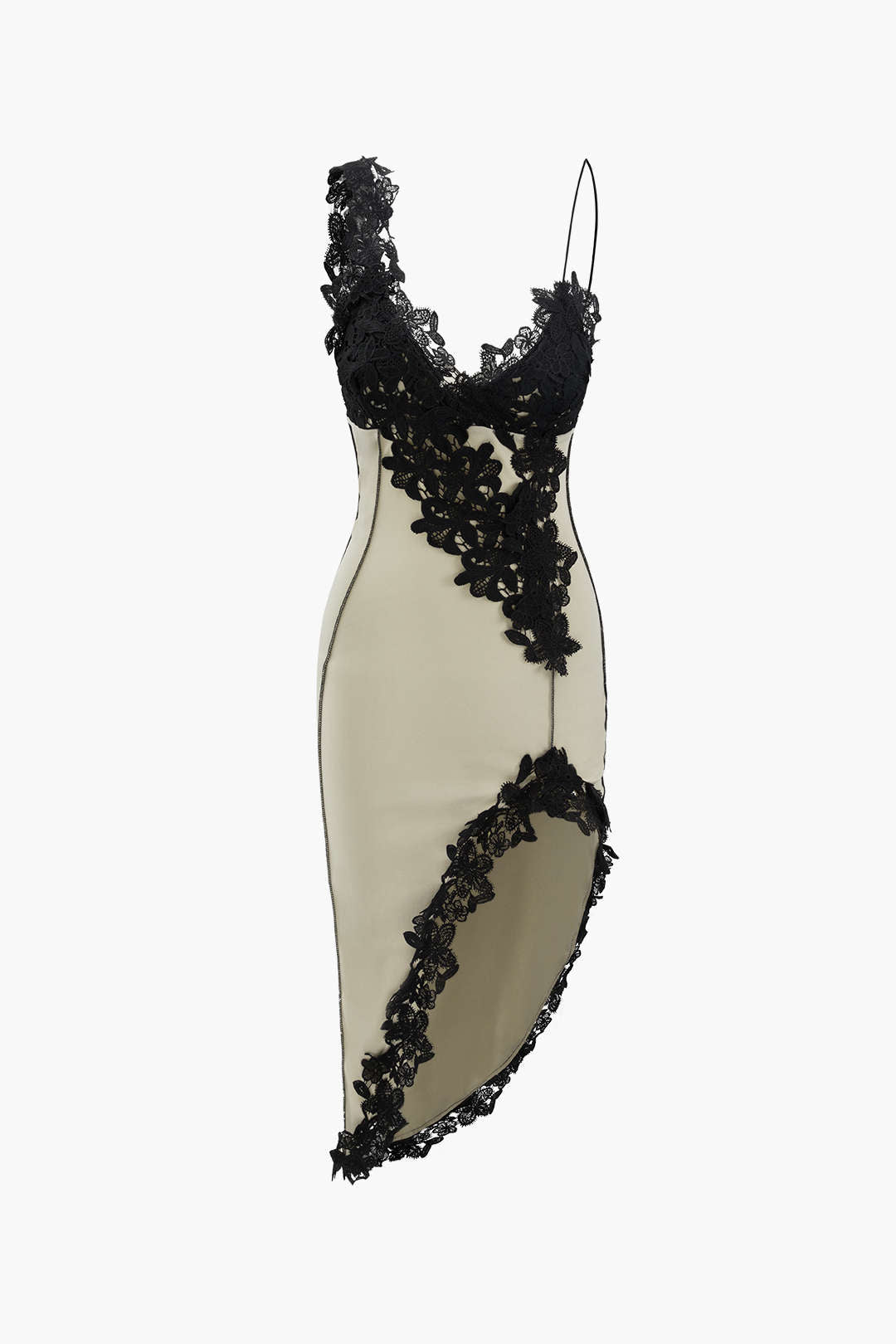 Robe midi asymétrique à empiècements en dentelle