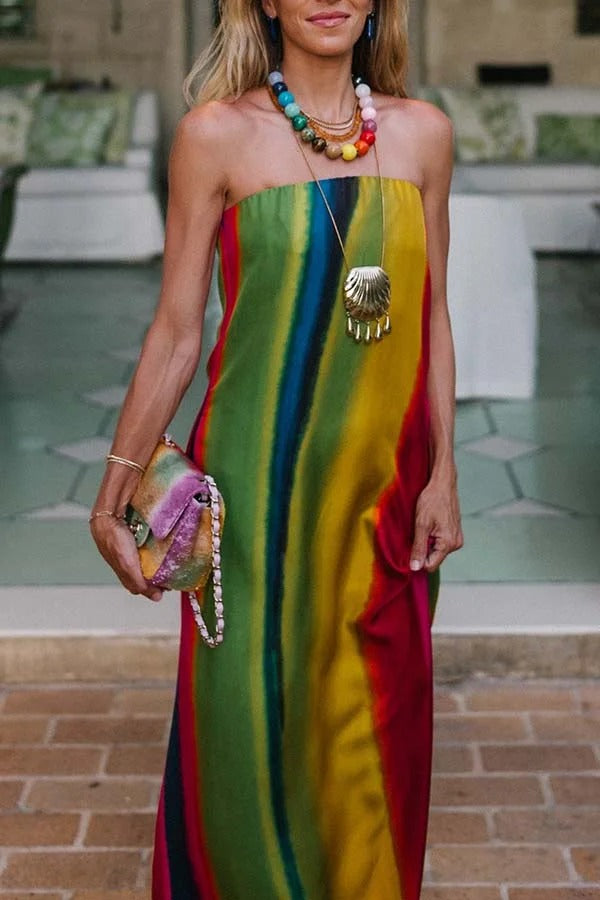 Artistic Rainbow Satin Watercolor Print Off Shoulder Pocketed H-line Maxi Dress