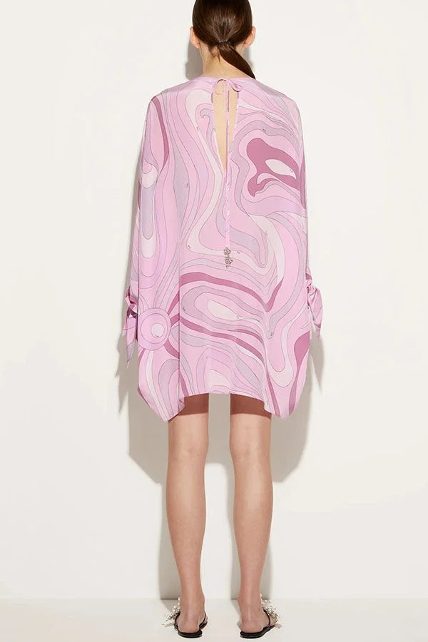 Micah Satin Unique Print Slit Tie-up Sleeve Shift Kaftan Mini Dress
