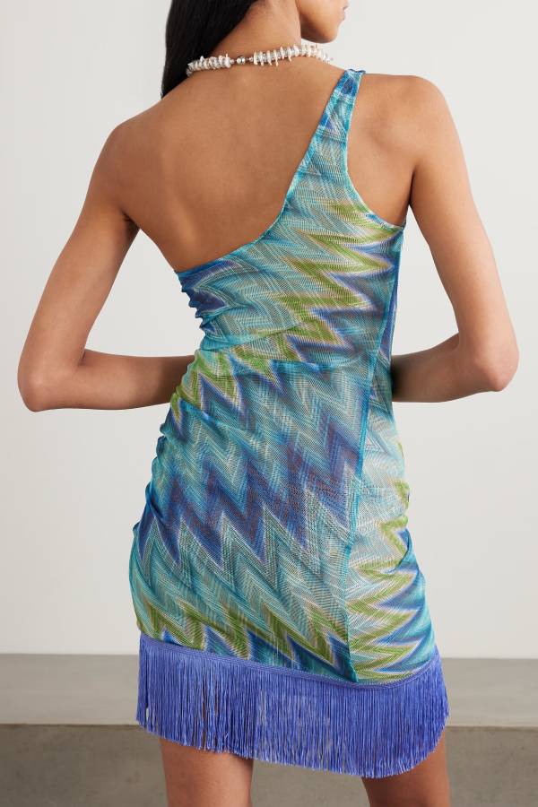Eline Knit Colorful Zigzag PatternOne Shoulder Ruched Tassle Trim Mini Dress