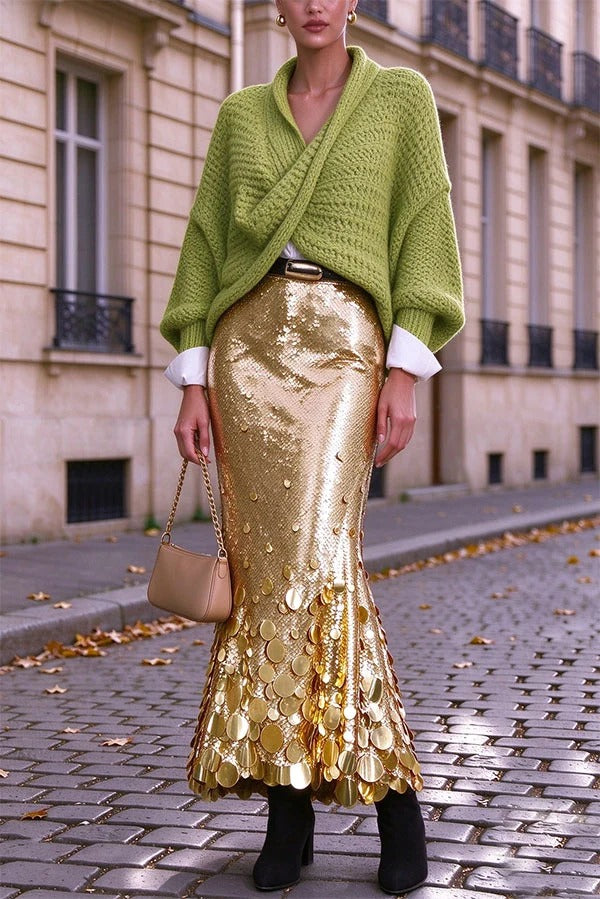 Zavina Irregular Layered Large Sequins High Rise Zipper Midi Skirt