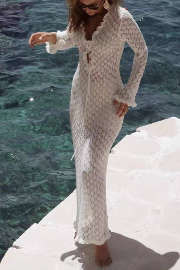 White Crochet Hollow Ruffle Tie Long Sleeve Beach Cover Up Maxi Dress