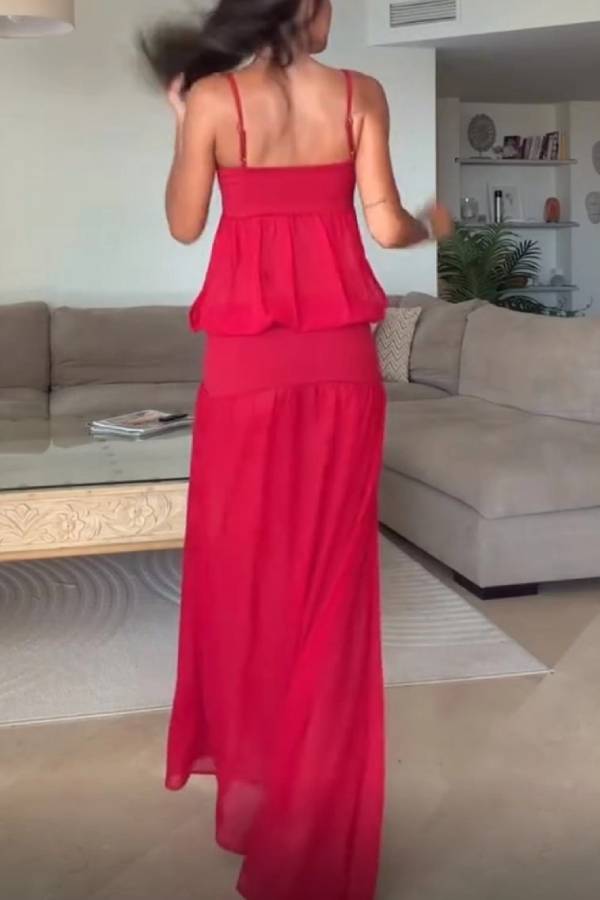 Red Strapless Spaghetti Strap Tiered Flowy Maxi Dress