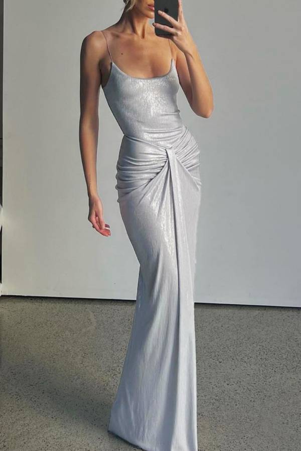 Thin‑Strap Silver Foil Twist Ruched Bodycon Maxi Dress