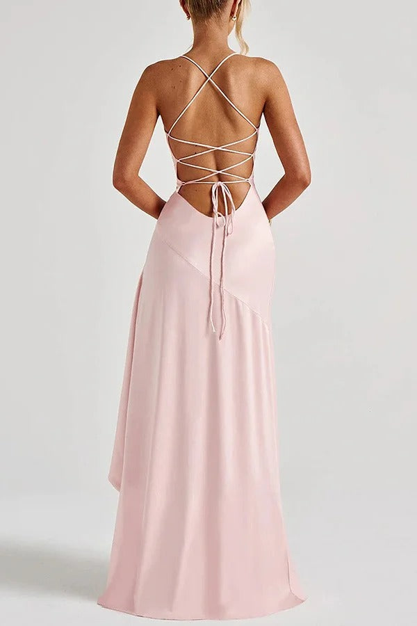 Solid Color Sexy Backless Lace-up Irregular Ruffled Maxi Dress