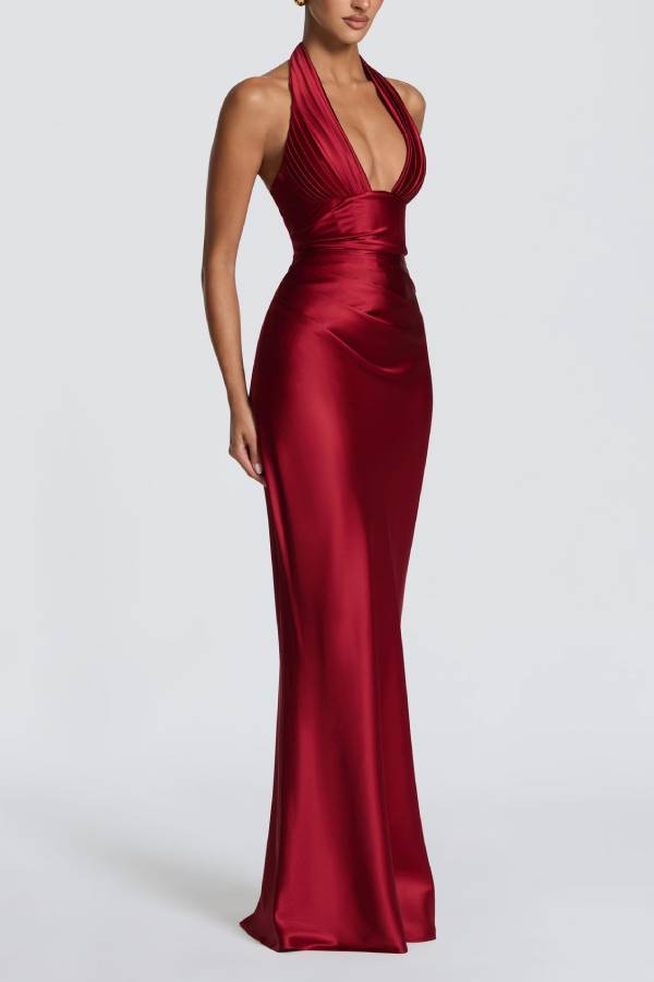 Halter Deep‑V Satin Mermaid Evening Maxi Dress