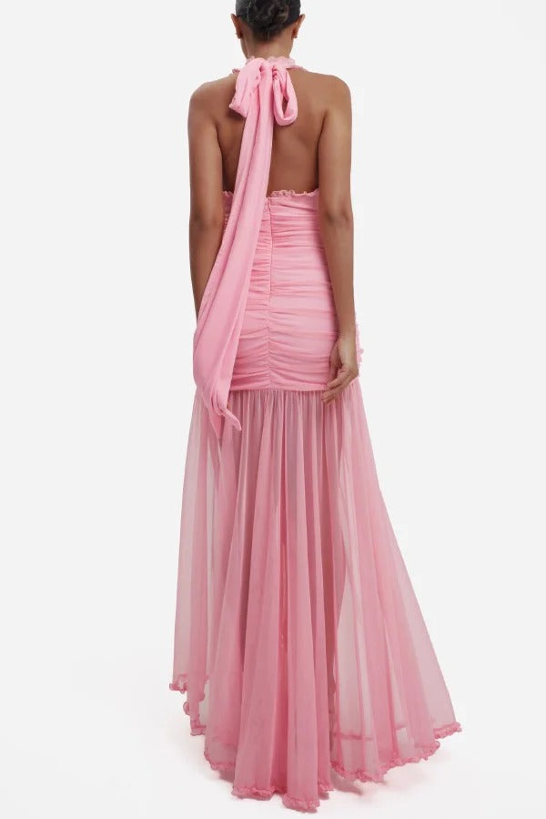 Elegant V-neck Sleeveless Pleated Ribbon Mesh Hem Maxi Dress