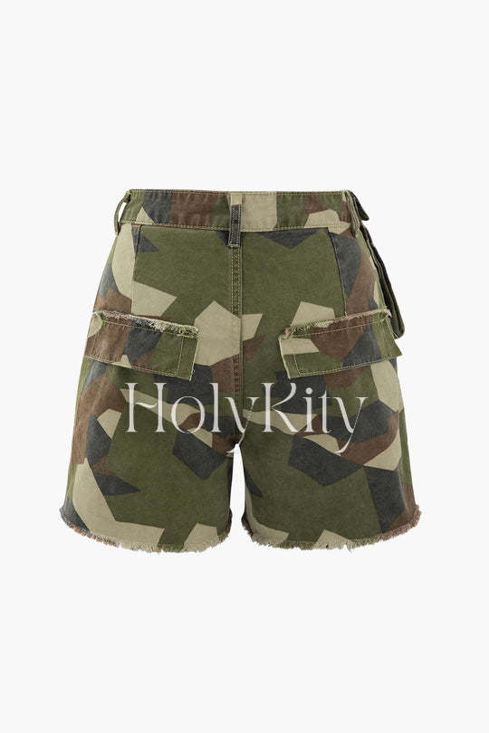 Camo Tie Waist Frayed Shorts