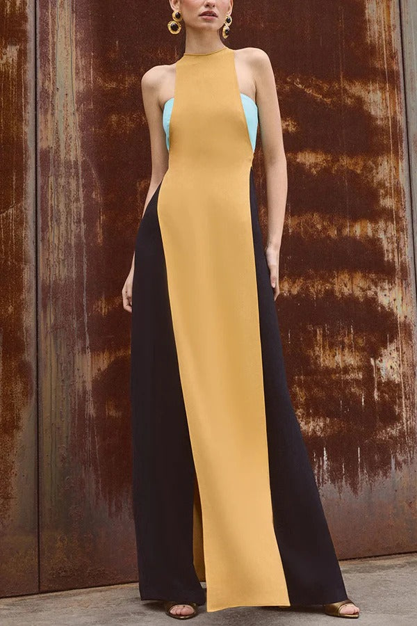 Fashionable Contrast Color Stitching Sleeveless Slim Maxi Dress