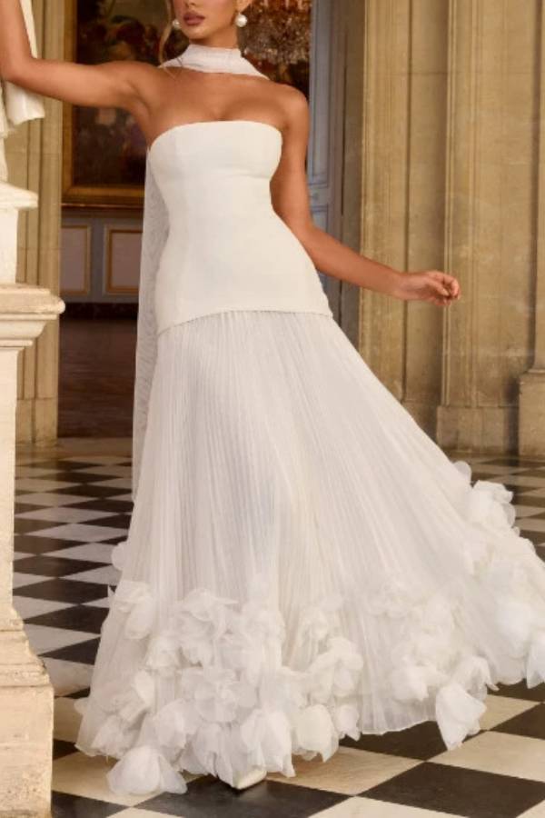 Strapless Corset Pleated Gown with Floral Hem