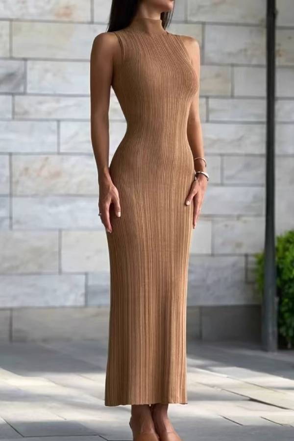Mock Neck Sleeveless Vertical Rib Knit Bodycon Maxi Dress