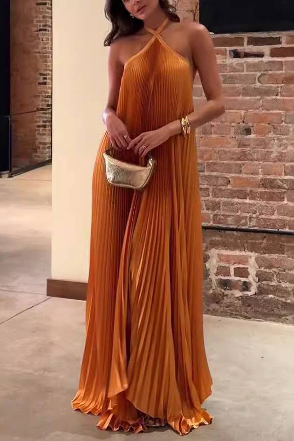 Halter Satin Pleated Maxi Evening Gown