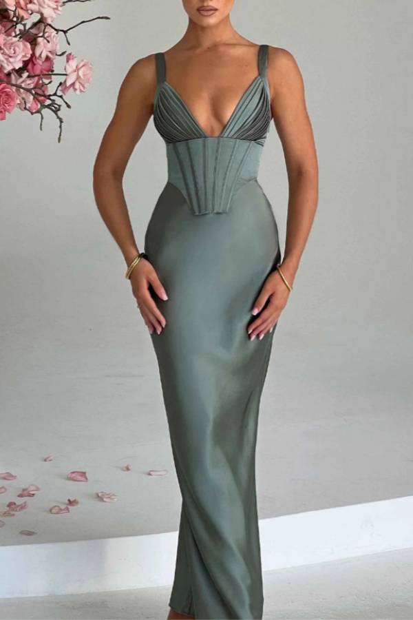 Satin Ruched Deep V-Neck Strappy Maxi Dress