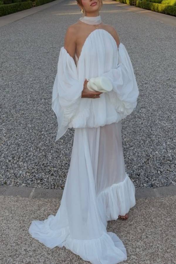 Halter Off‑Shoulder Bubble Sleeve Two‑Piece Floor‑Length Dress