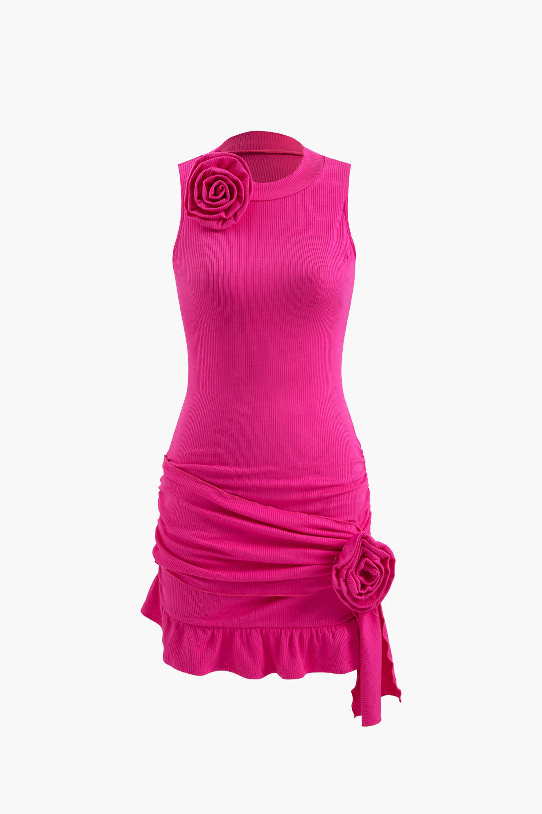 Minikleid mit Rippenstrick und Rüschensaum in Rose Corsage