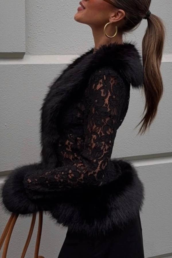 Black Faux Fur Trim Lace Blazer, Deep V Long Sleeve Sheer Lace Cropped Jacket