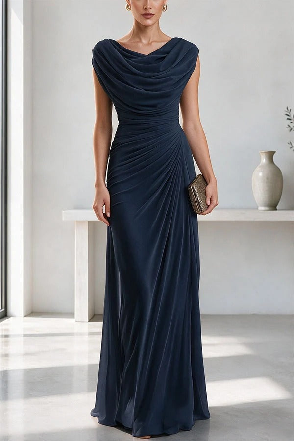Good To Glow Ruched Chiffon Cowl Neck Drape Maxi Dress
