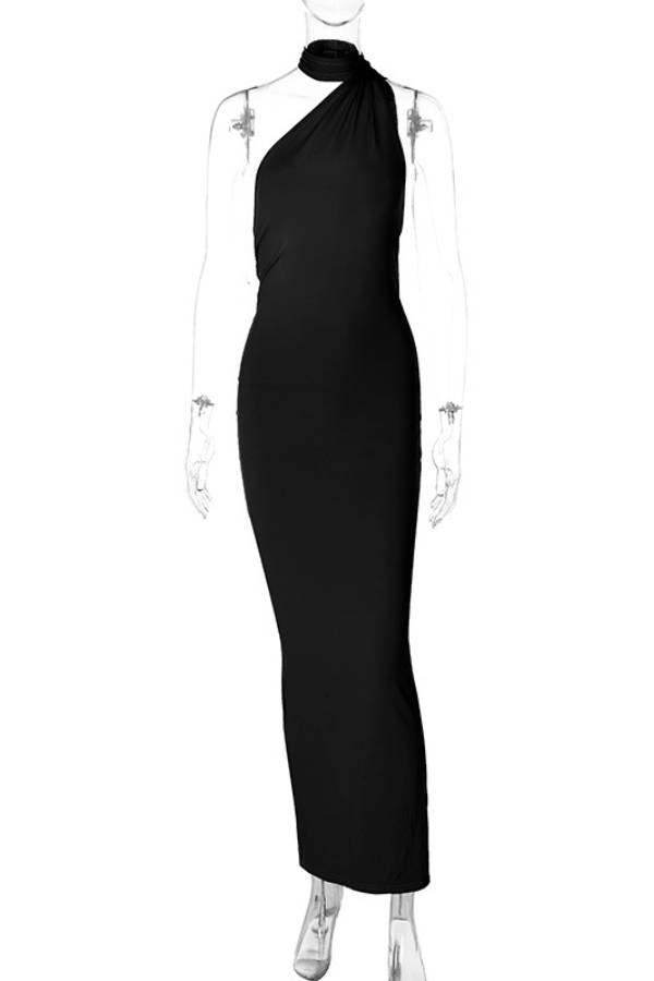 One-shoulder backless long dress with train