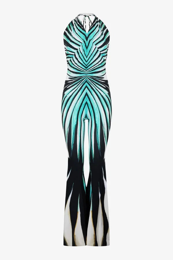 Unique Striped Print Halter Neck Cutout Tie-up Casual Flared Jumpsuit