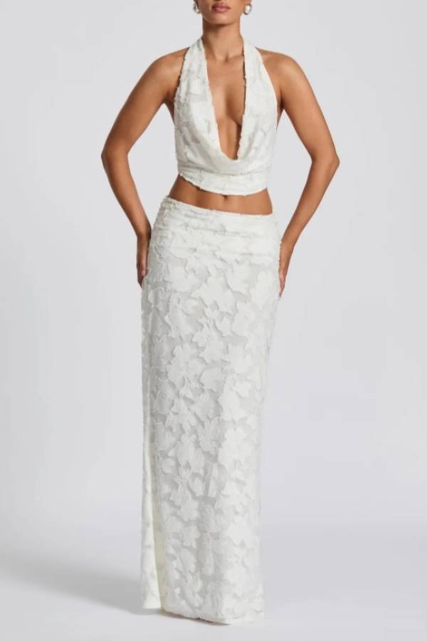 Halter Cowl Neck 3D Floral Lace Crop Top & Mermaid Maxi Skirt Two-Piece Set