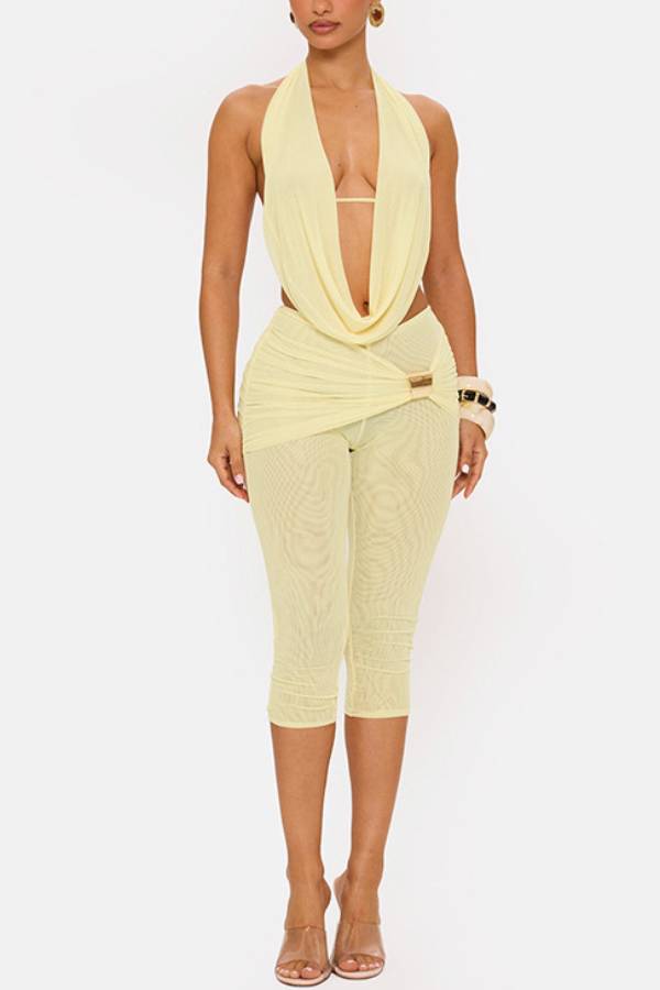 Halter Cowl Deep Cutout Twisted Mesh Capri Pants Hot Girl Co-ord Set