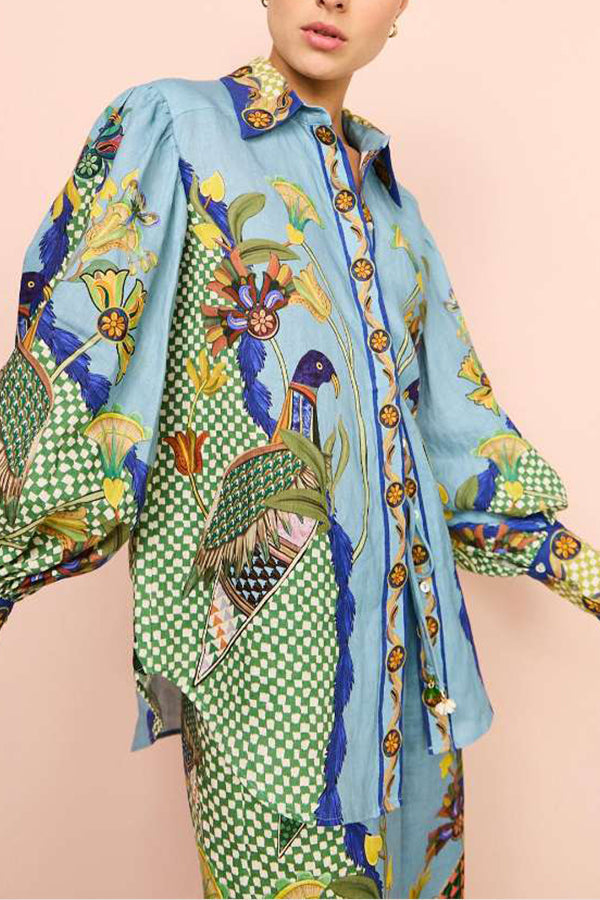 Sun Seeking Unique Heaven Bird Print Balloon Sleeve Button Loose Shirt