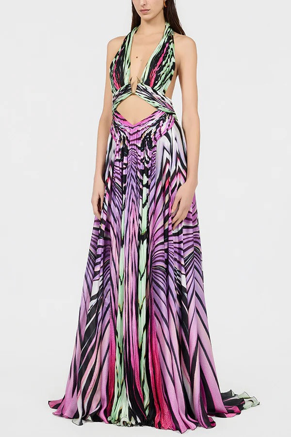 Light of Paradise Fluid Line Print Cutout Gold-tone Fang Emblem Halter Backless Maxi Dress